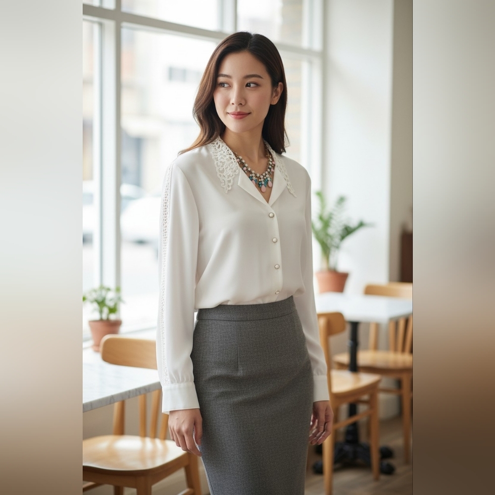 Elegant Women's Cream Button-Up Blouse with Lace Collar